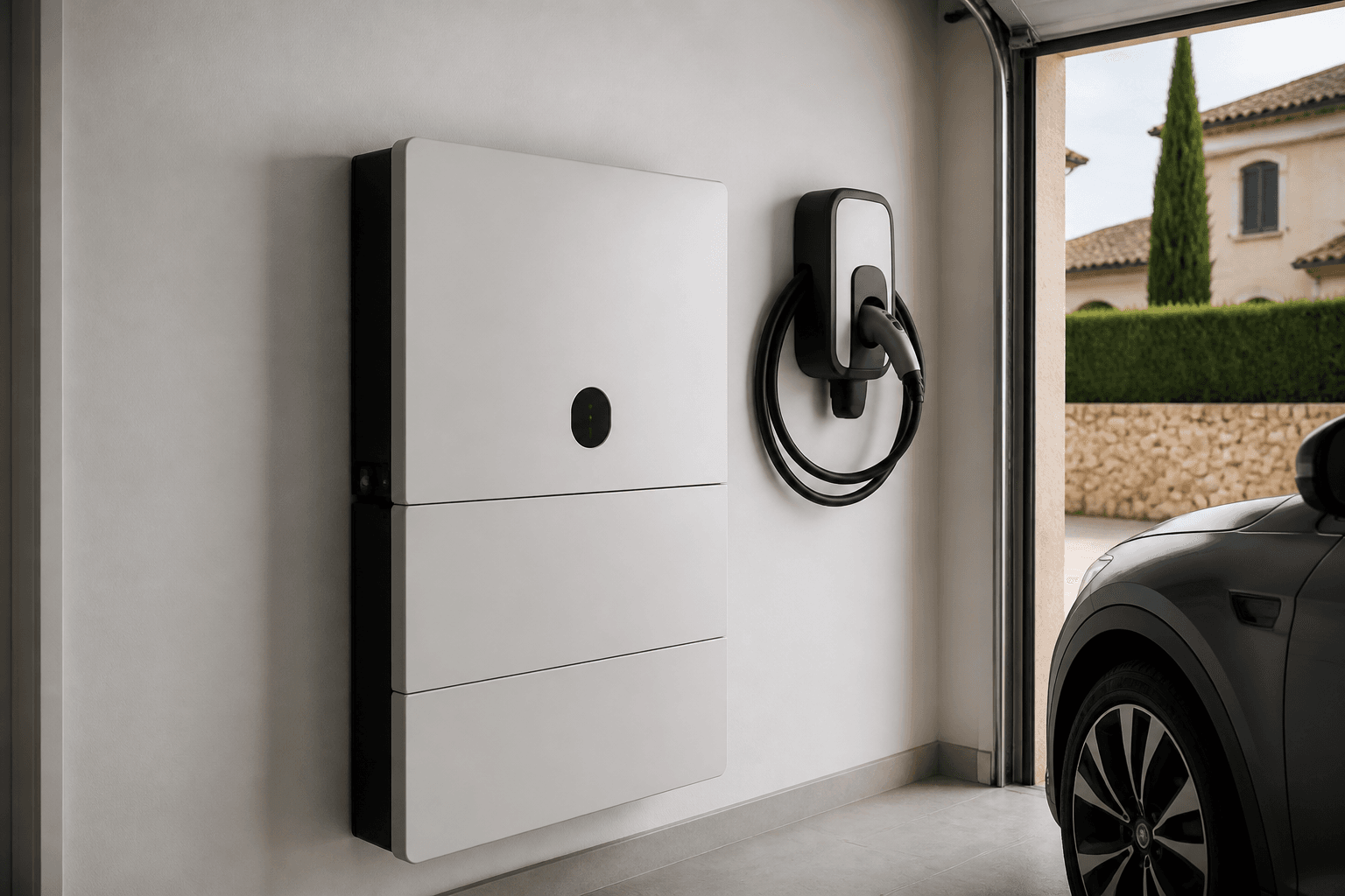Home battery storage and EV charger installed in a Spanish garage